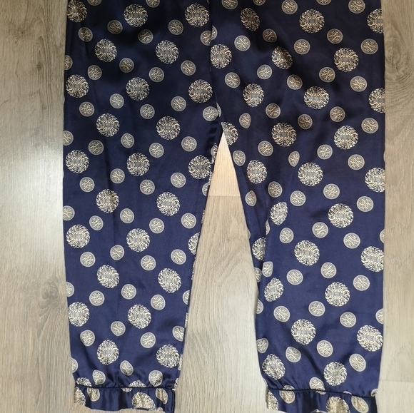 90s vintage Navy chinoiserie printed pull on satin viscose pajama pants - Picture 3 of 4